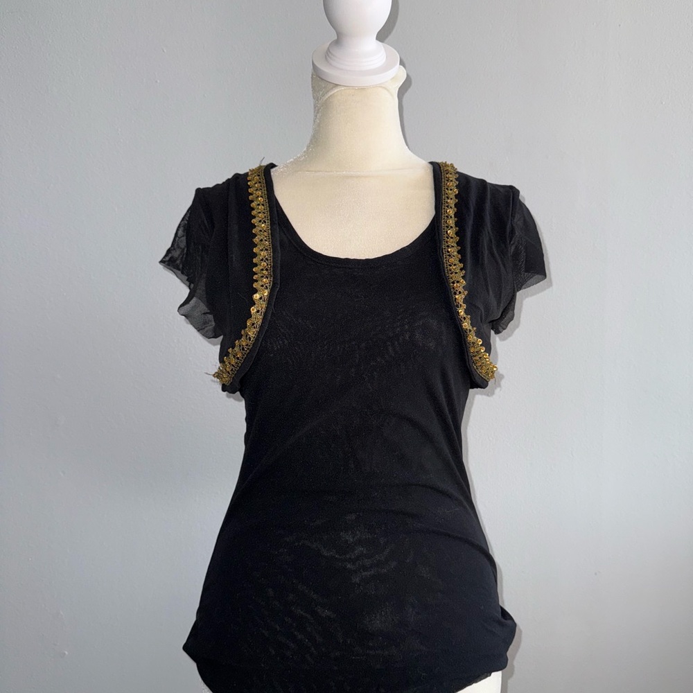Sweet Pea Mesh Short-Sleeve Top with Gold Trim